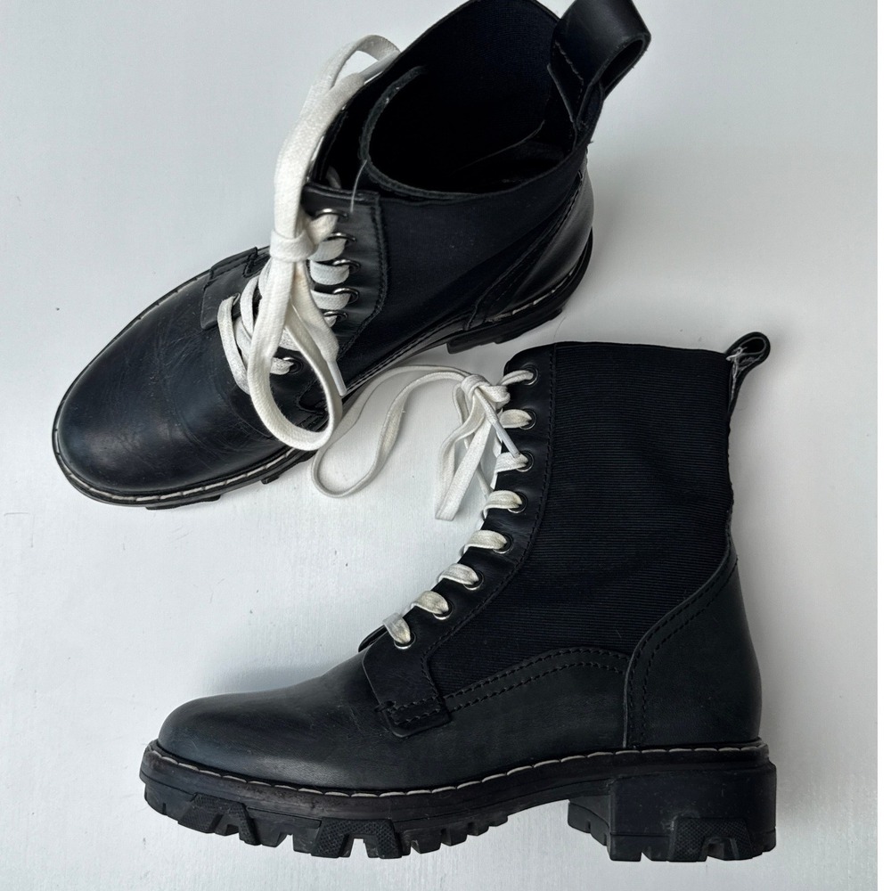 Rag & Bone Shiloh Black Leather Textile Combat Boots White Laces Lug‎ Sole - Picture 2 of 14